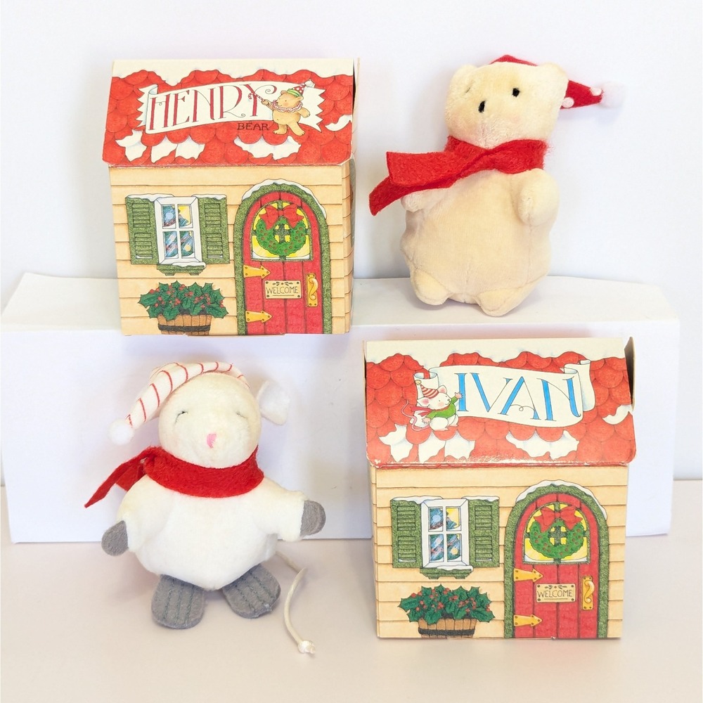Vtg 1992 Hallmark Mary Engelbreit Mini Plush Henry Bear Ivan Mouse Christmas Set